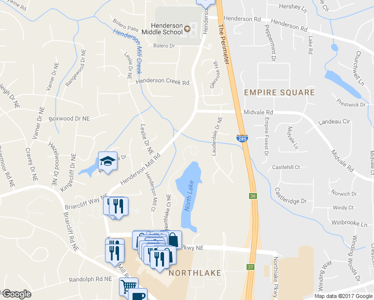 map of restaurants, bars, coffee shops, grocery stores, and more near 2473 Northlake Court Northeast in Atlanta