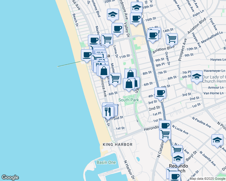 map of restaurants, bars, coffee shops, grocery stores, and more near 620 Manhattan Avenue in Hermosa Beach