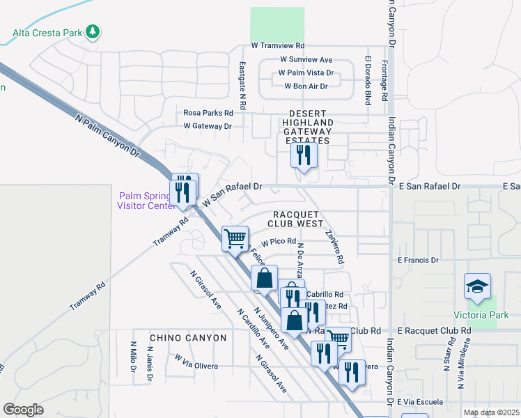 map of restaurants, bars, coffee shops, grocery stores, and more near 522 West Santa Catalina Road in Palm Springs