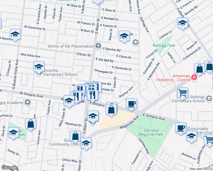 map of restaurants, bars, coffee shops, grocery stores, and more near 256 East Mission Road in Corona