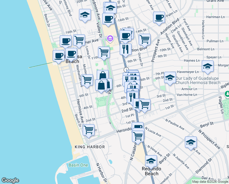 map of restaurants, bars, coffee shops, grocery stores, and more near 436 Ardmore Avenue in Hermosa Beach