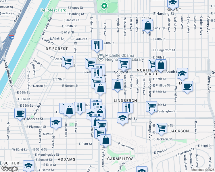 map of restaurants, bars, coffee shops, grocery stores, and more near 5608 Lime Avenue in Long Beach