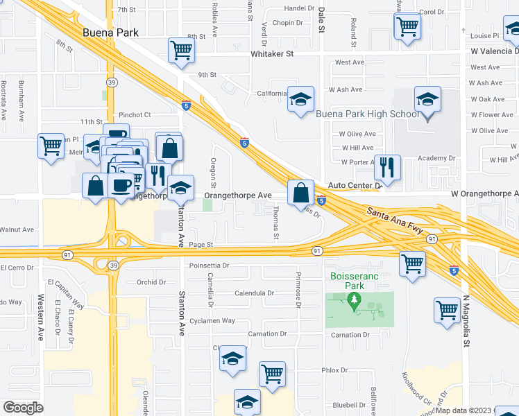map of restaurants, bars, coffee shops, grocery stores, and more near 7032 Estrella Street in Buena Park