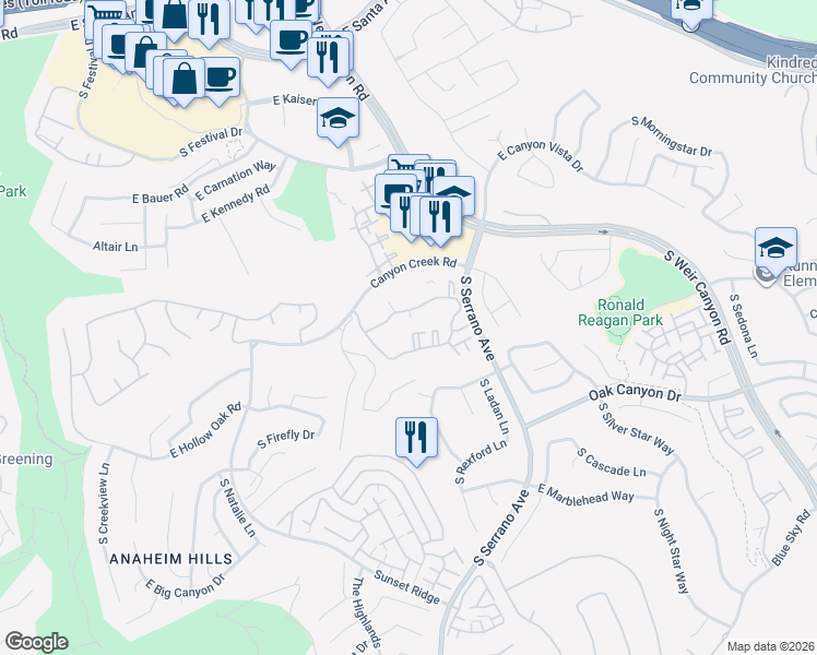 map of restaurants, bars, coffee shops, grocery stores, and more near 8230 East Blackwillow Circle in Anaheim