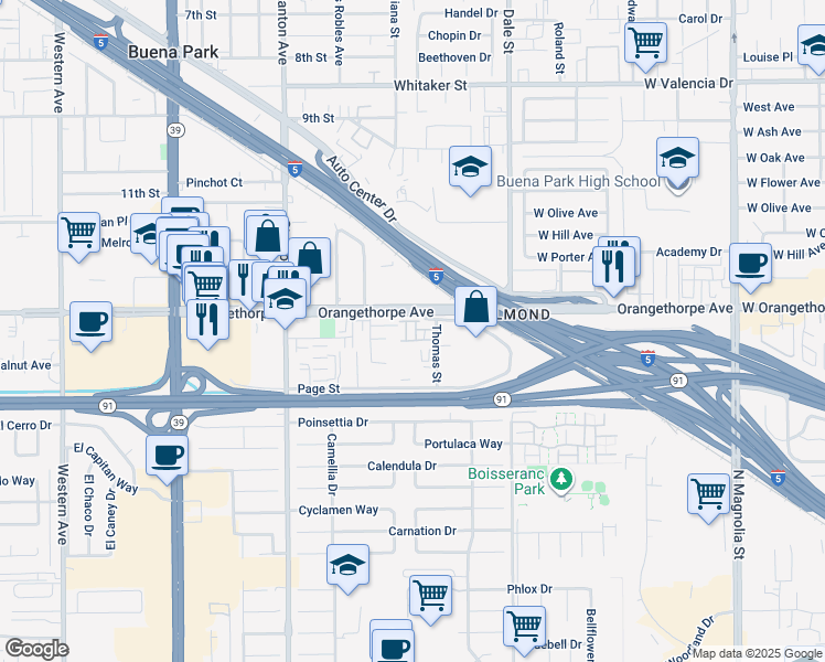 map of restaurants, bars, coffee shops, grocery stores, and more near 8252 Orangethorpe Avenue in Buena Park