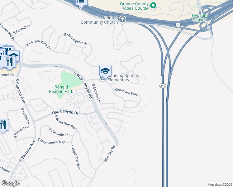 map of restaurants, bars, coffee shops, grocery stores, and more near 8706 Running Springs Drive in Anaheim