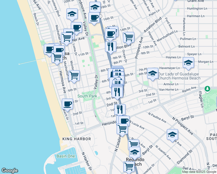 map of restaurants, bars, coffee shops, grocery stores, and more near 702 5th Street in Hermosa Beach