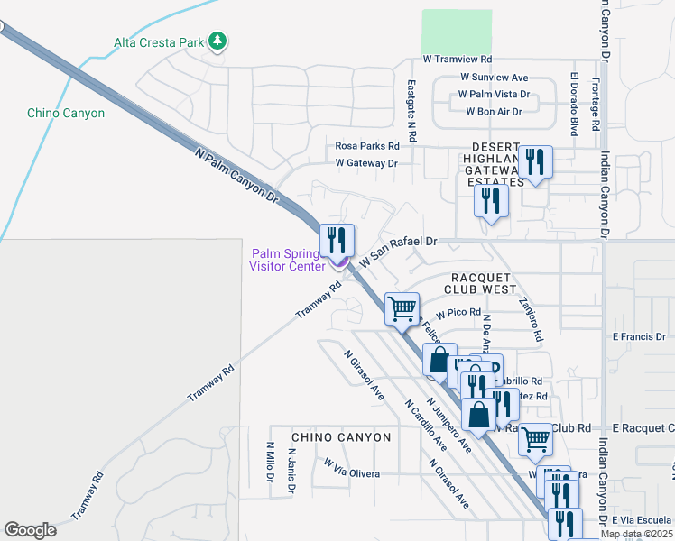 map of restaurants, bars, coffee shops, grocery stores, and more near 2901 North Palm Canyon Drive in Palm Springs