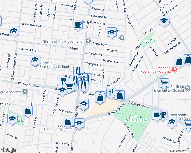 map of restaurants, bars, coffee shops, grocery stores, and more near 256 East Mission Road in Corona