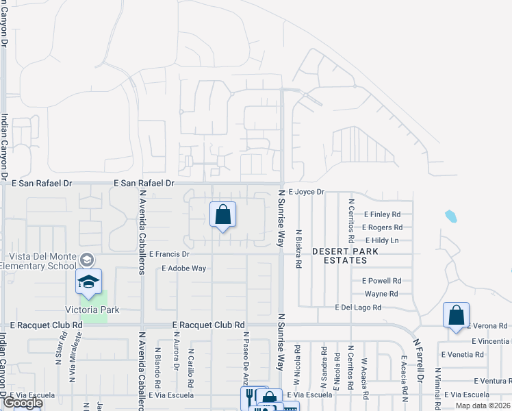 map of restaurants, bars, coffee shops, grocery stores, and more near 3067 Sunflower Circle in Palm Springs