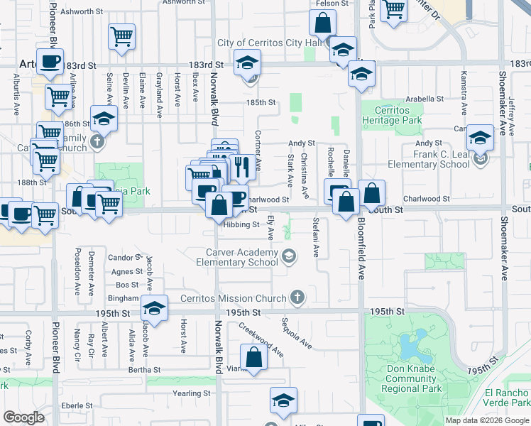 map of restaurants, bars, coffee shops, grocery stores, and more near 12321 Hibbing Street in Artesia