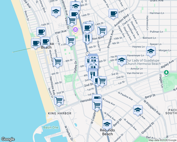 map of restaurants, bars, coffee shops, grocery stores, and more near 726 5th Street in Hermosa Beach