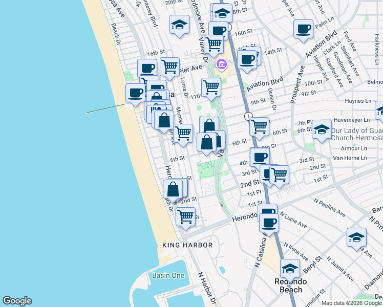map of restaurants, bars, coffee shops, grocery stores, and more near 600 Monterey Boulevard in Hermosa Beach