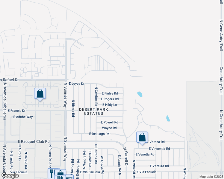 map of restaurants, bars, coffee shops, grocery stores, and more near 2325 East Joyce Drive in Palm Springs
