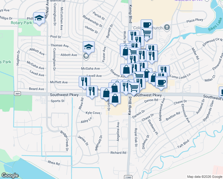 map of restaurants, bars, coffee shops, grocery stores, and more near 2925 Cunningham Drive in Wichita Falls