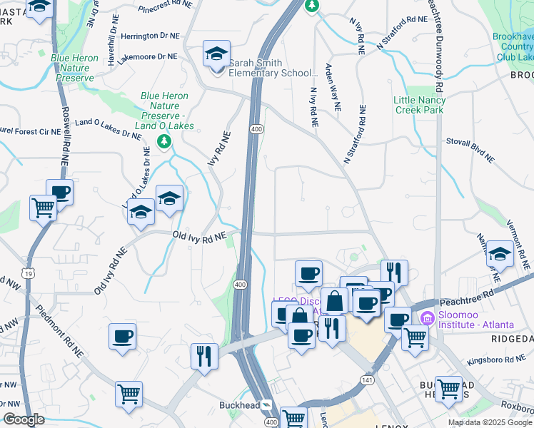map of restaurants, bars, coffee shops, grocery stores, and more near 3776 North Stratford Road Northeast in Atlanta