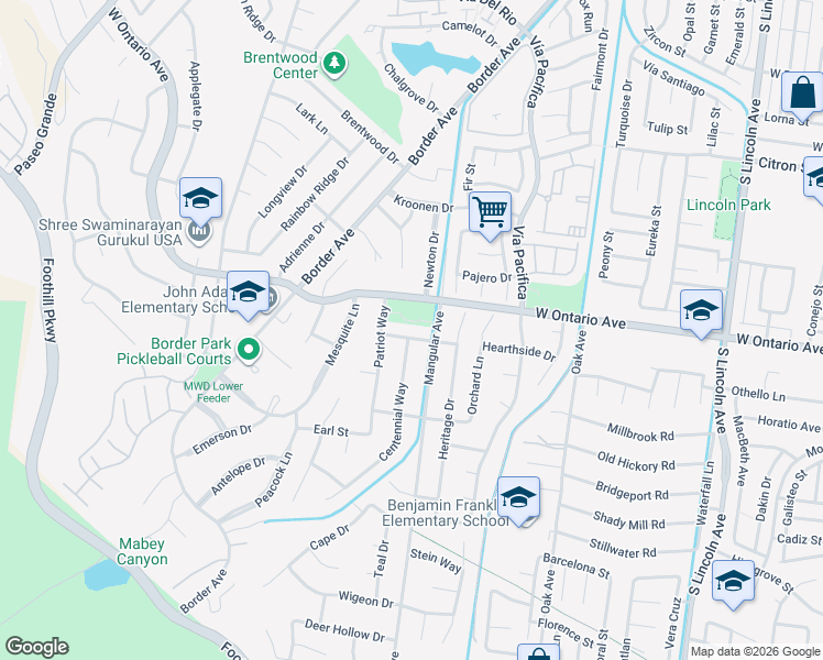 map of restaurants, bars, coffee shops, grocery stores, and more near 2305 Centennial Way in Corona