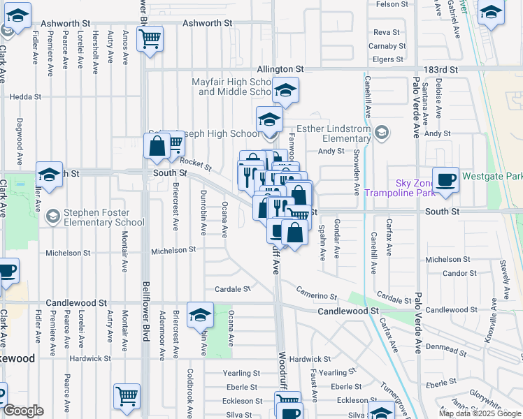 map of restaurants, bars, coffee shops, grocery stores, and more near 5800 South Street in Lakewood