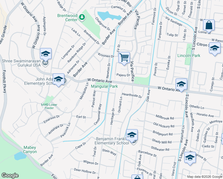 map of restaurants, bars, coffee shops, grocery stores, and more near 2271 Mangular Avenue in Corona