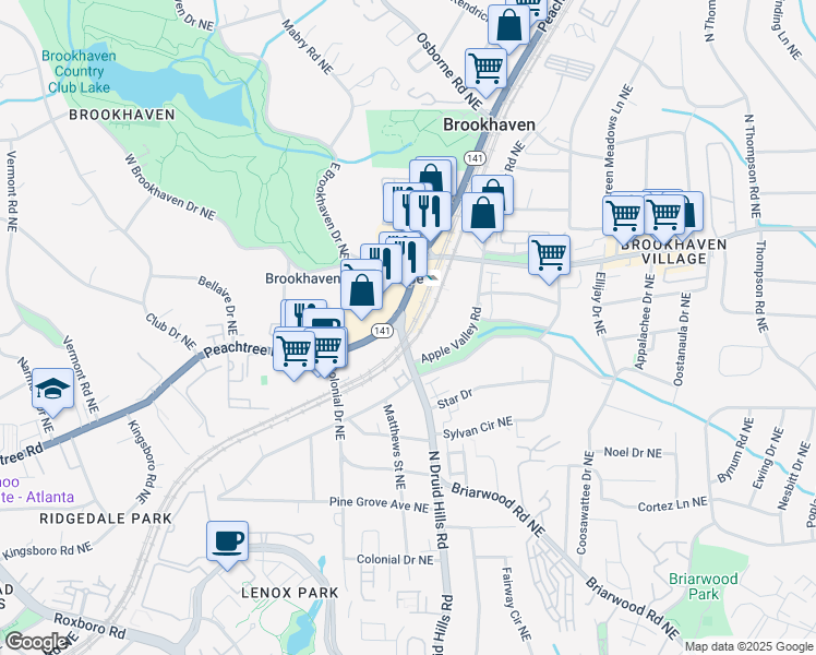 map of restaurants, bars, coffee shops, grocery stores, and more near 3985 Peachtree Road Northeast in Atlanta
