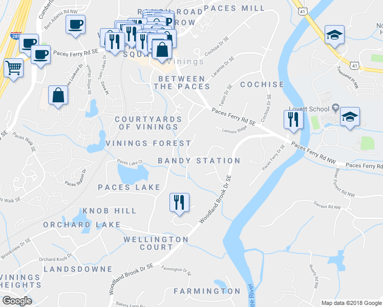 map of restaurants, bars, coffee shops, grocery stores, and more near 3869 Brandy Station Court Southeast in Atlanta