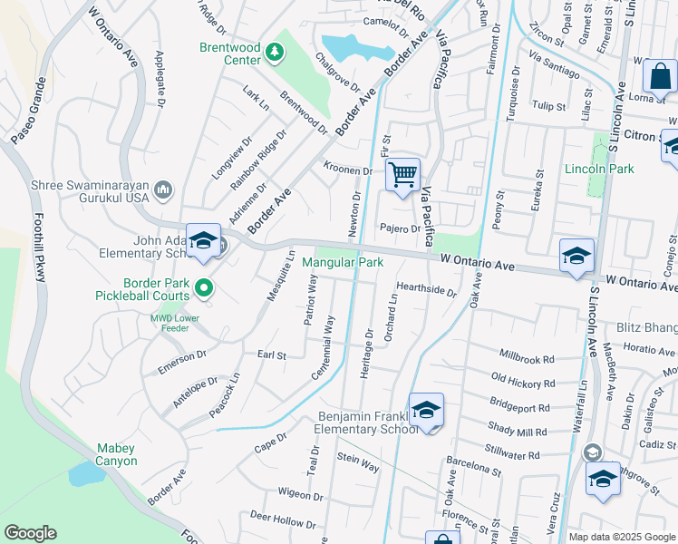map of restaurants, bars, coffee shops, grocery stores, and more near 2305 Centennial Way in Corona