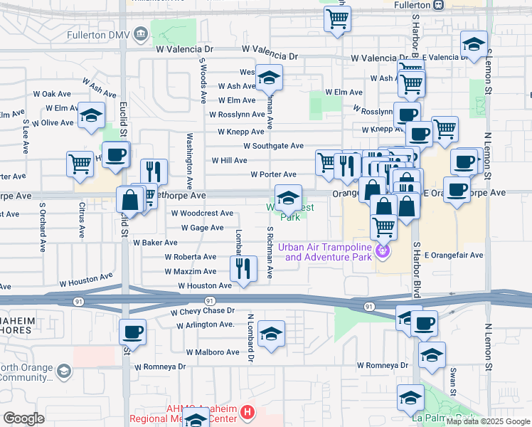 map of restaurants, bars, coffee shops, grocery stores, and more near 501 West Gage Avenue in Fullerton