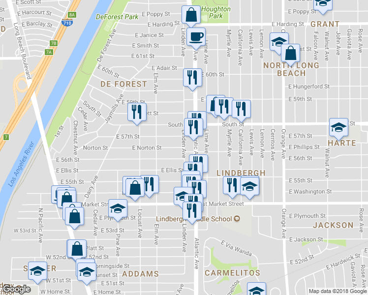 map of restaurants, bars, coffee shops, grocery stores, and more near 485 East 56th Street in Long Beach