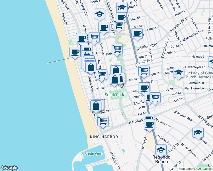 map of restaurants, bars, coffee shops, grocery stores, and more near 312 6th Street in Hermosa Beach