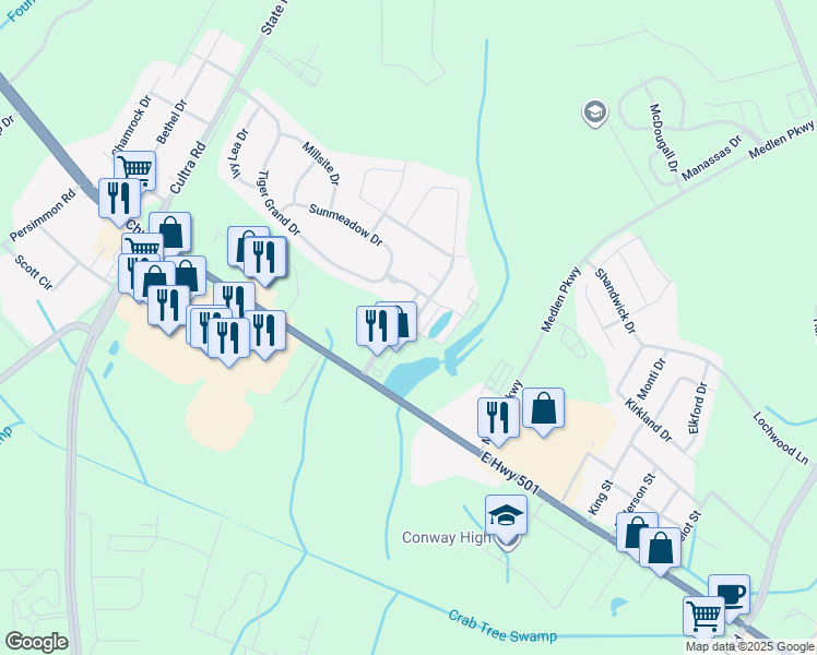 map of restaurants, bars, coffee shops, grocery stores, and more near 1300 Riverport Drive in Conway