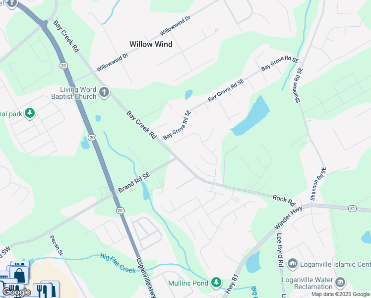 map of restaurants, bars, coffee shops, grocery stores, and more near 3898 Bay Creek Road in Loganville