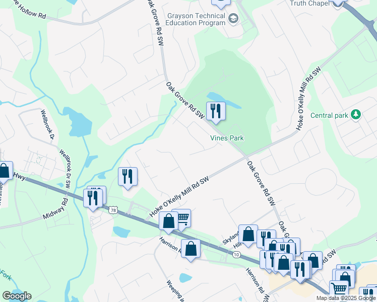 map of restaurants, bars, coffee shops, grocery stores, and more near 182 Garden Manor Court in Loganville