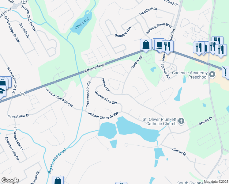 map of restaurants, bars, coffee shops, grocery stores, and more near 2984 Gayle Manor Lane Southwest in Snellville