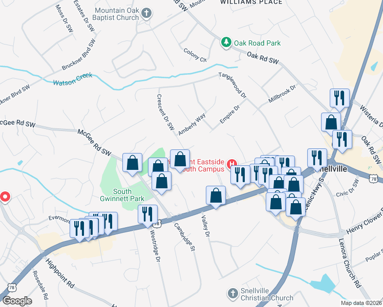 map of restaurants, bars, coffee shops, grocery stores, and more near 2782 Anscot Court Southwest in Snellville