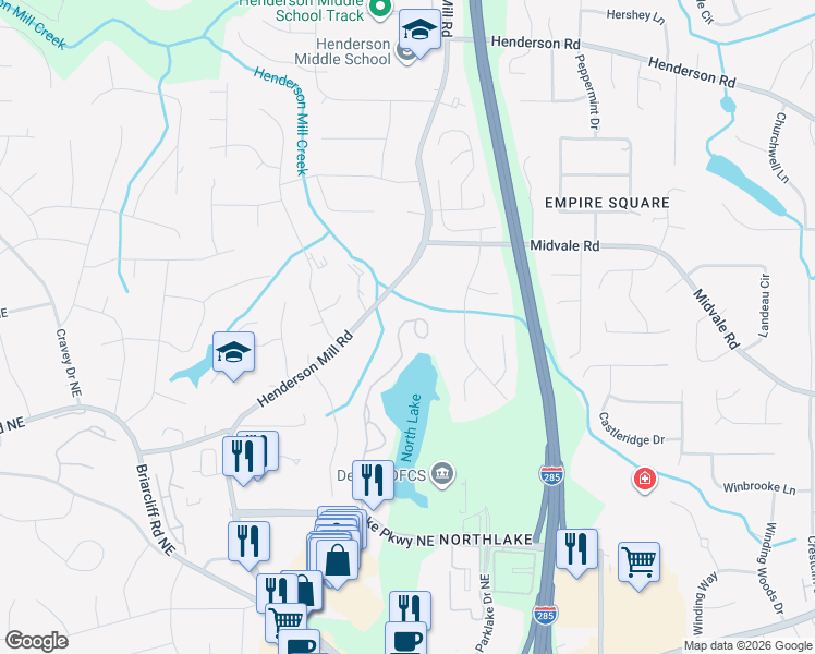 map of restaurants, bars, coffee shops, grocery stores, and more near 2471 Northlake Court Northeast in Atlanta