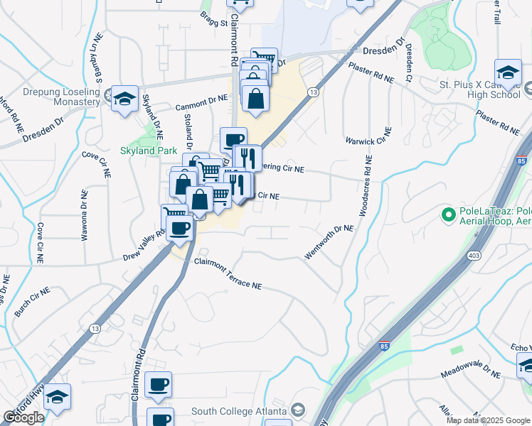 map of restaurants, bars, coffee shops, grocery stores, and more near 2491 Ashford Oaks Drive in Atlanta