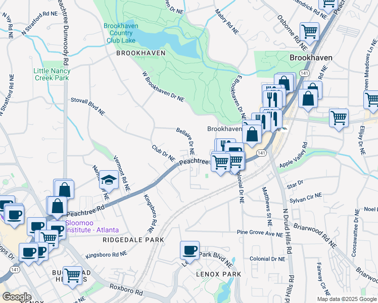 map of restaurants, bars, coffee shops, grocery stores, and more near 1059 Abington Court in Brookhaven