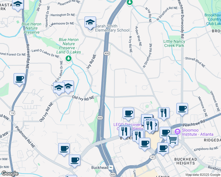 map of restaurants, bars, coffee shops, grocery stores, and more near 3776 North Stratford Road Northeast in Atlanta
