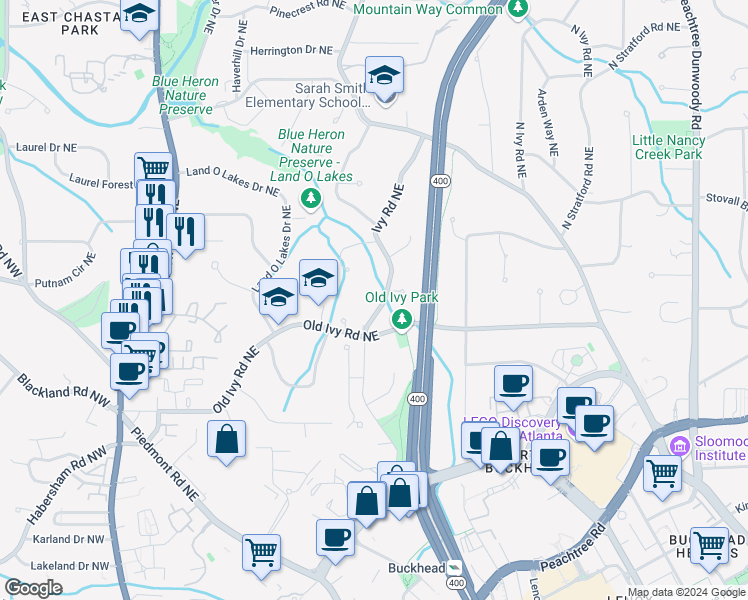 map of restaurants, bars, coffee shops, grocery stores, and more near 3790 Ivy Road Northeast in Atlanta