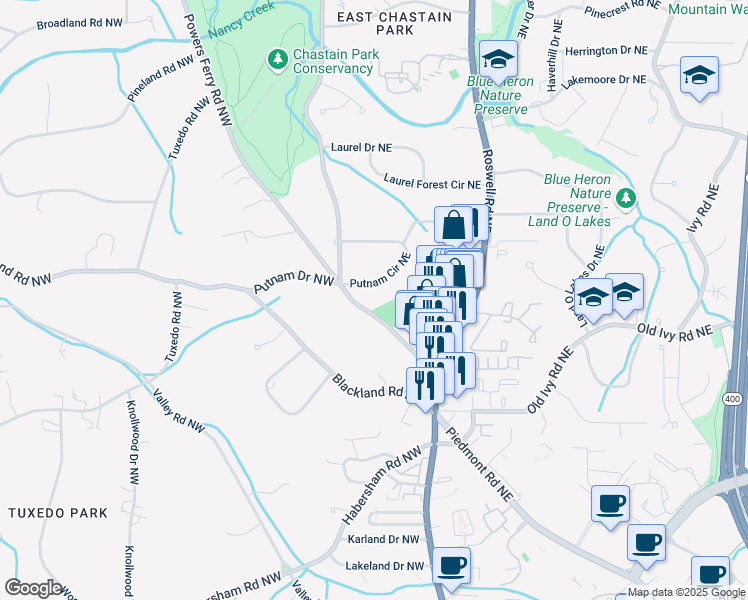 map of restaurants, bars, coffee shops, grocery stores, and more near 3776 Powers Ferry Road Northwest in Atlanta