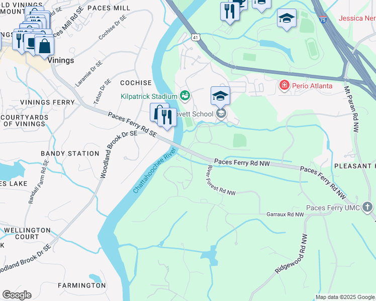 map of restaurants, bars, coffee shops, grocery stores, and more near 4110 Paces Ferry Road Northwest in Atlanta