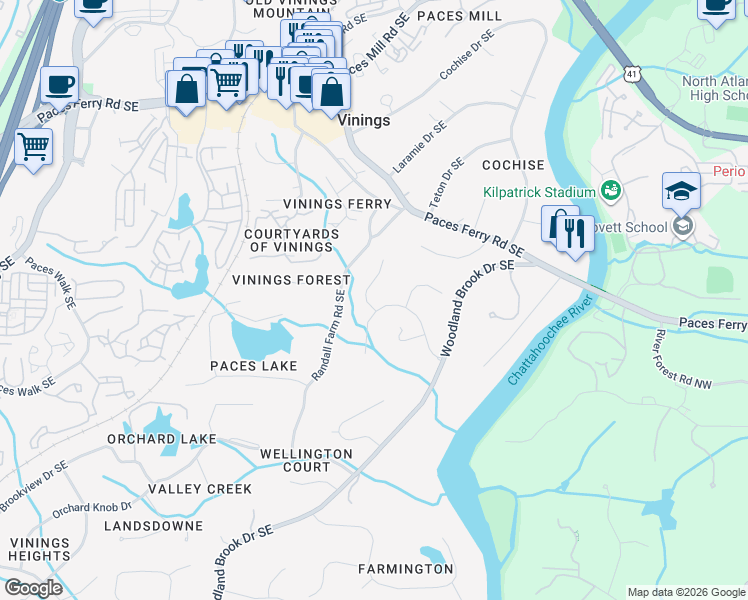 map of restaurants, bars, coffee shops, grocery stores, and more near 3869 Brandy Station Court Southeast in Atlanta