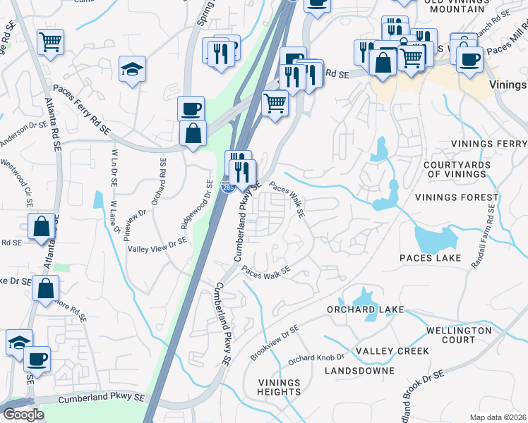 map of restaurants, bars, coffee shops, grocery stores, and more near 3926 Allegretto Circle in Atlanta
