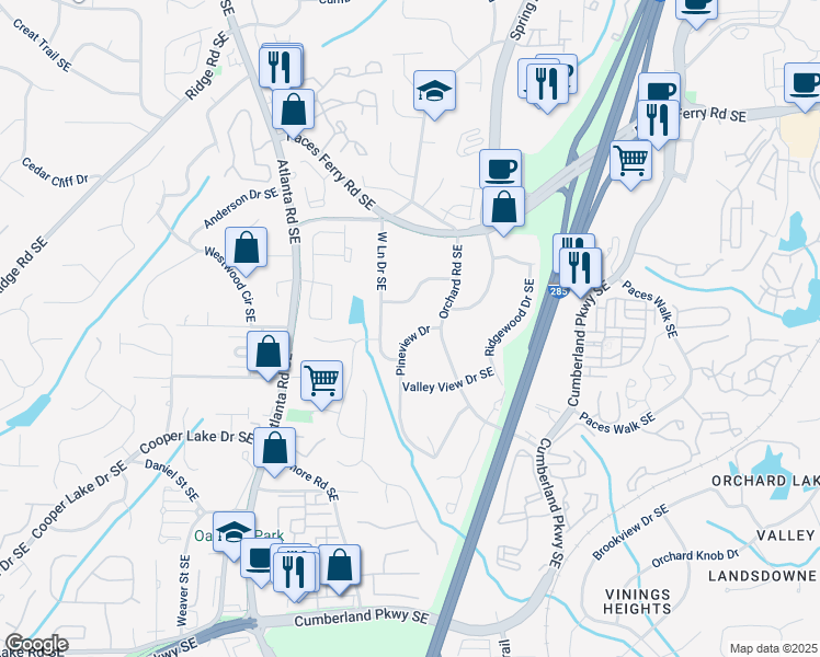 map of restaurants, bars, coffee shops, grocery stores, and more near 3928 Pineview Drive in Smyrna