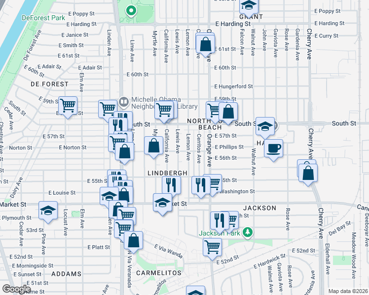 map of restaurants, bars, coffee shops, grocery stores, and more near 5611 Lemon Avenue in Long Beach