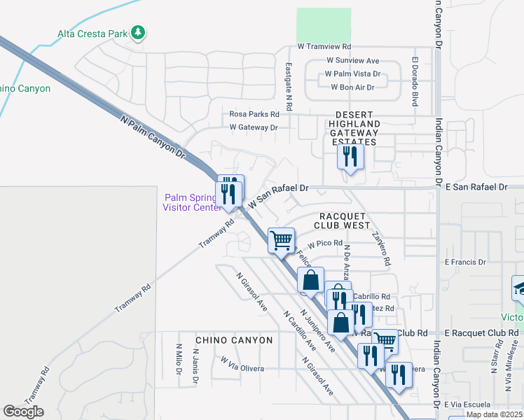 map of restaurants, bars, coffee shops, grocery stores, and more near 2875 North Los Felices Road in Palm Springs