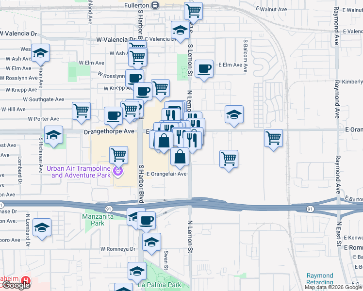 map of restaurants, bars, coffee shops, grocery stores, and more near 243 East Orangefair Mall in Fullerton