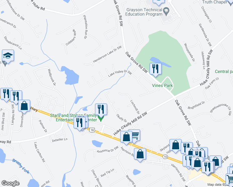 map of restaurants, bars, coffee shops, grocery stores, and more near 3455 Lochmill Drive in Loganville