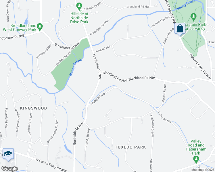 map of restaurants, bars, coffee shops, grocery stores, and more near 437 Valley Road Northwest in Atlanta