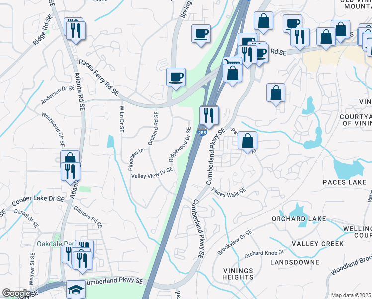 map of restaurants, bars, coffee shops, grocery stores, and more near 3913 Ridgewood Drive Southeast in Smyrna